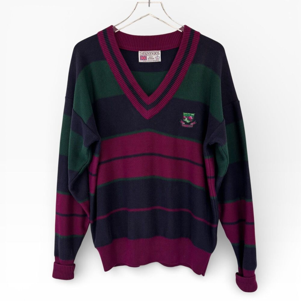Vtg Slazenger Mens Sweater L Striped Multicolor V-neck Country Club Preppy 80s